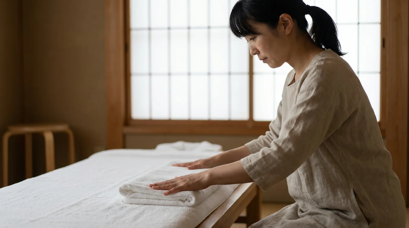 施術前にタオルを両手で整える様子